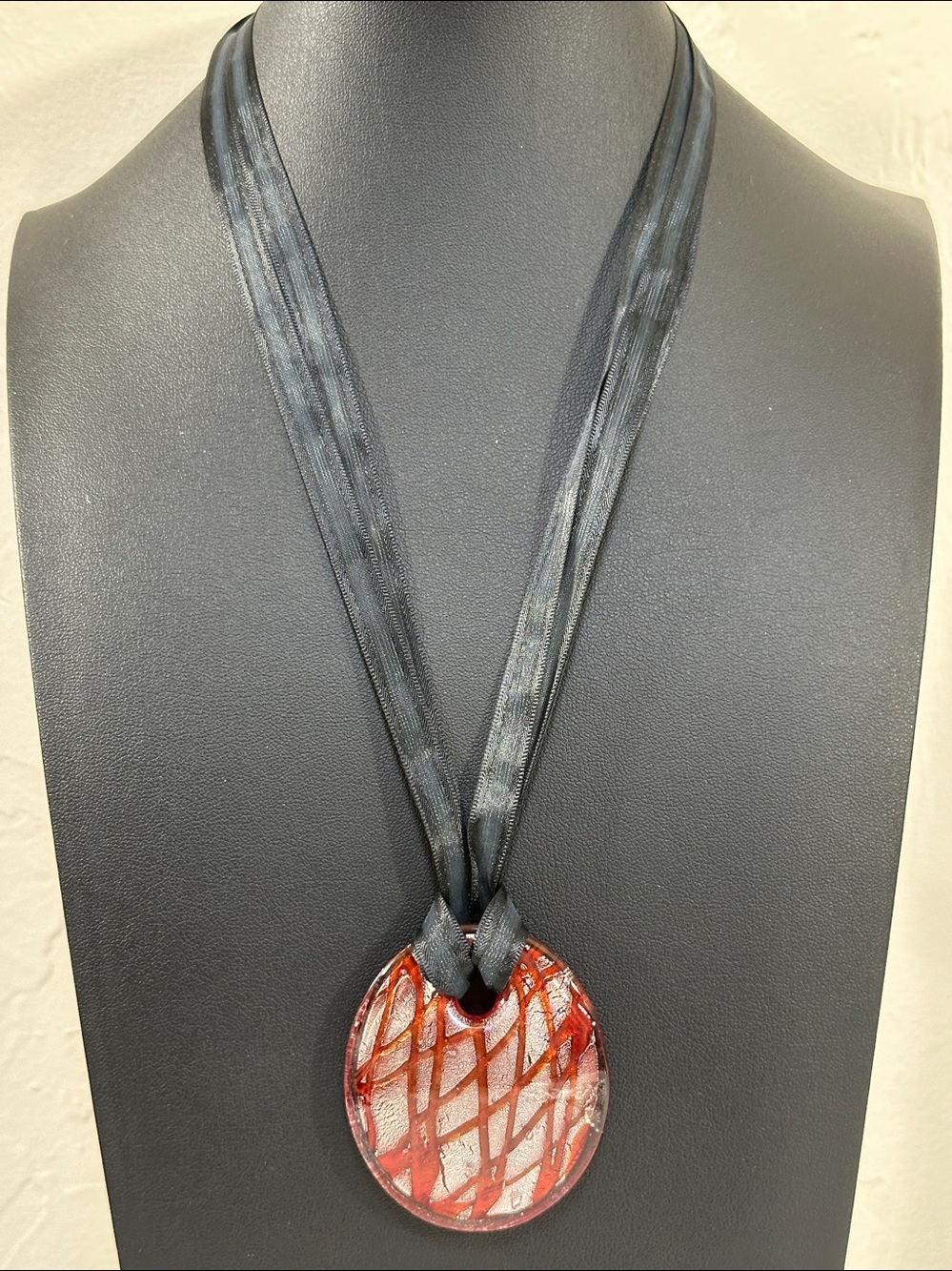 Dichotic Glass Pendant Black Ribbon Magnetic Clasp Necklace